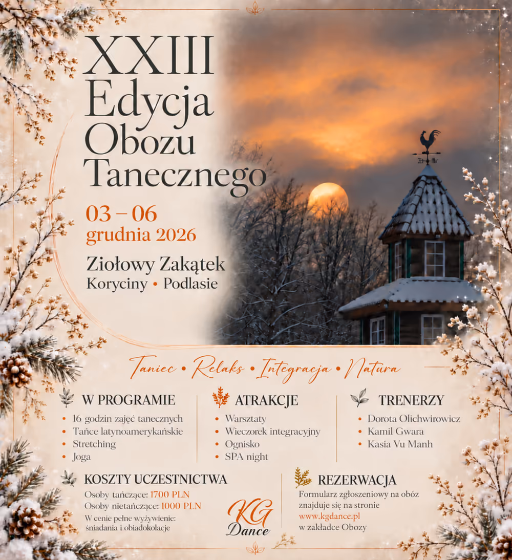Plakat XXIII edycji obozu tanecznego, 3–6 grudnia 2026, Ziołowy Zakątek, Koryciny